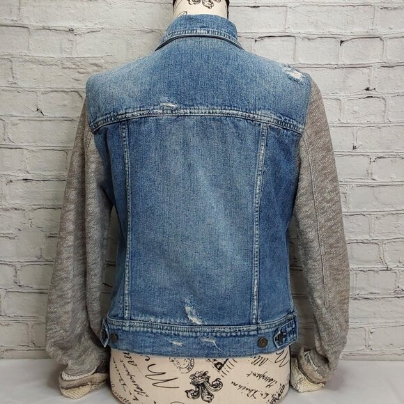 'FREE PEOPLE' DISTRESSED DENIM JACKET TEXTURE SLEEVE VINTAGE - Picture 3 of 16